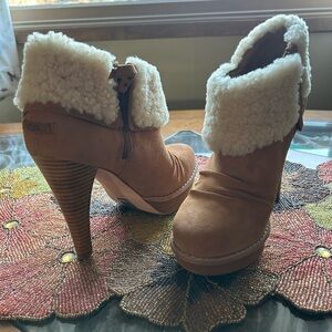 UGG Brown Heeled Boots with Shearling Cuff